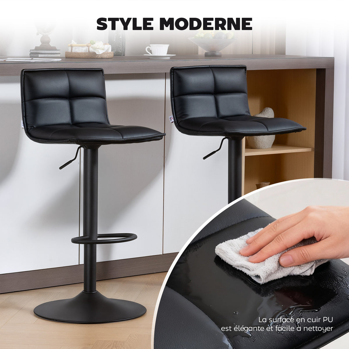 Lot de 2 tabourets de bar, chaises de bar réglable en hauteur avec assise pivotant en PU 44 x 45 x 85-106 cm noir