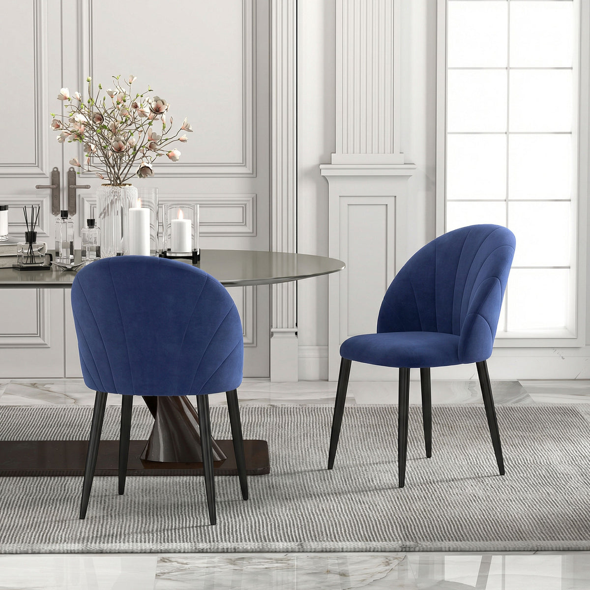 Lot de 2 chaises de salle à manger, chaises de cuisine rembourrées sans accoudoirs, pieds en acier, 52x55x79cm, bleu