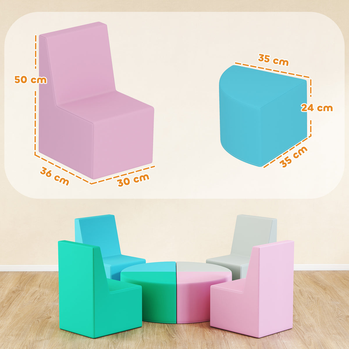 Parcours motricité bébé 8PCS, module motricité bébé mousse EPE et housse en PU, design table et chaises, multicolore