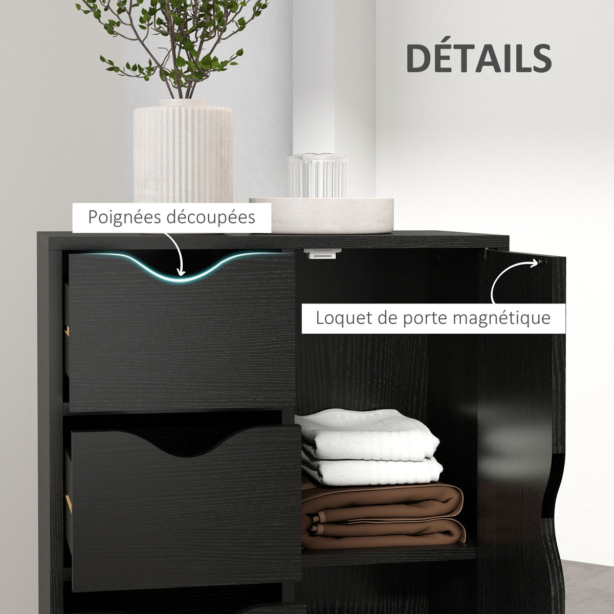 Aufbewahrungsmöbel Sideboard Kommode mit 1 Schranktür und 4 Schubladen, aus Holz, für Wohnzimmer, Küche, Flur, Esszimmer, Schwarz