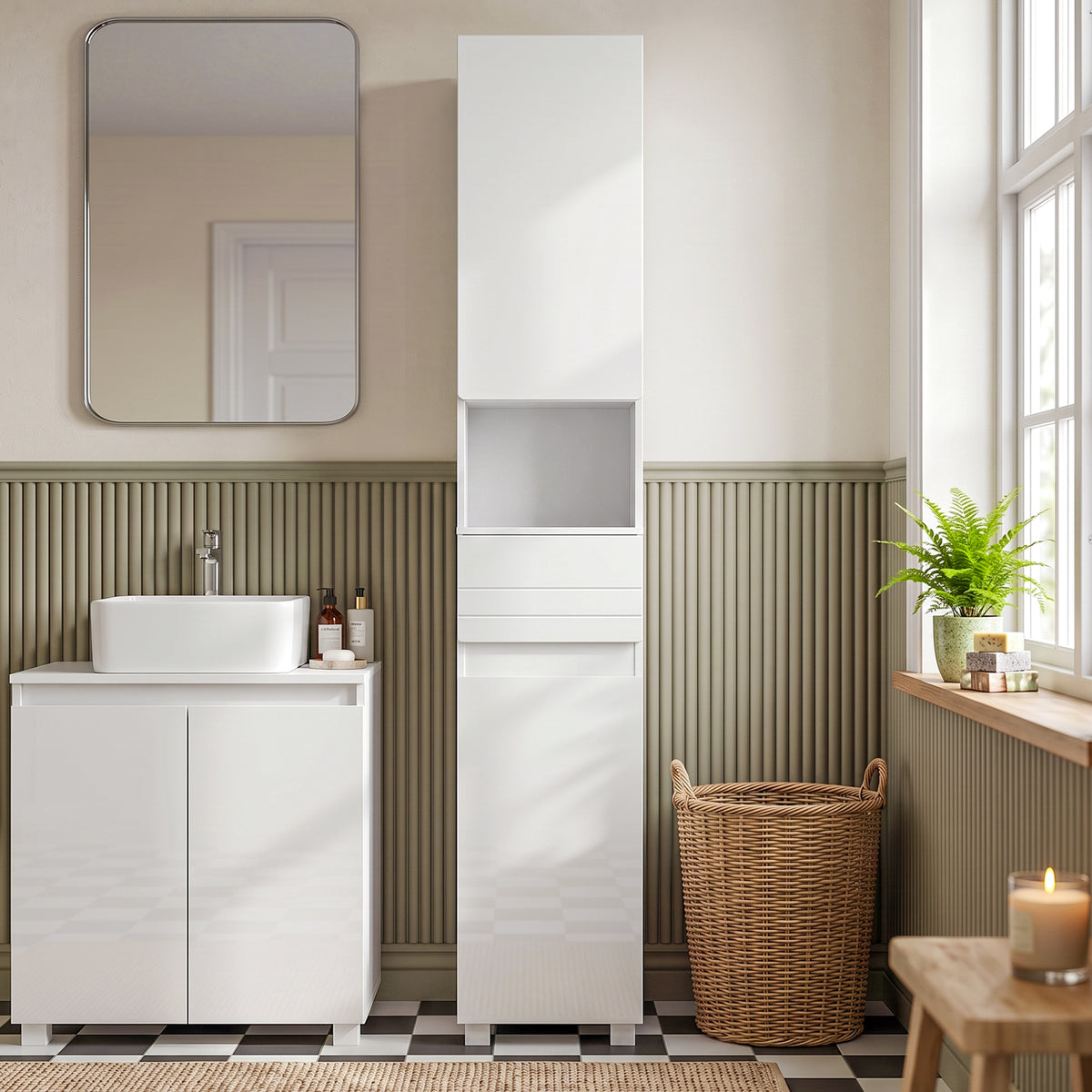 Badezimmerschrank, 2 Türen, Schublade, offenes Fach, verstellbare Einlegeböden, für Wohnzimmer, Schlafzimmer, 30x30x170cm, Weiß