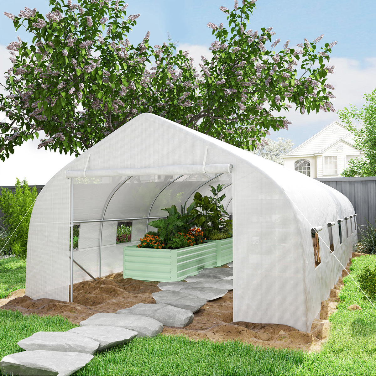 Serra da giardino a tunnel di grandi dimensioni con telo in PE, struttura in acciaio, porta avvolgibile e 12 finestre, 8 x 3 x 2 m, bianca