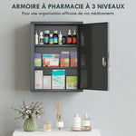 Armario botiquín de pared de acero, armario para medicamentos de 3 niveles con puerta con cerradura y 2 llaves, 40x15x53,5 cm, gris