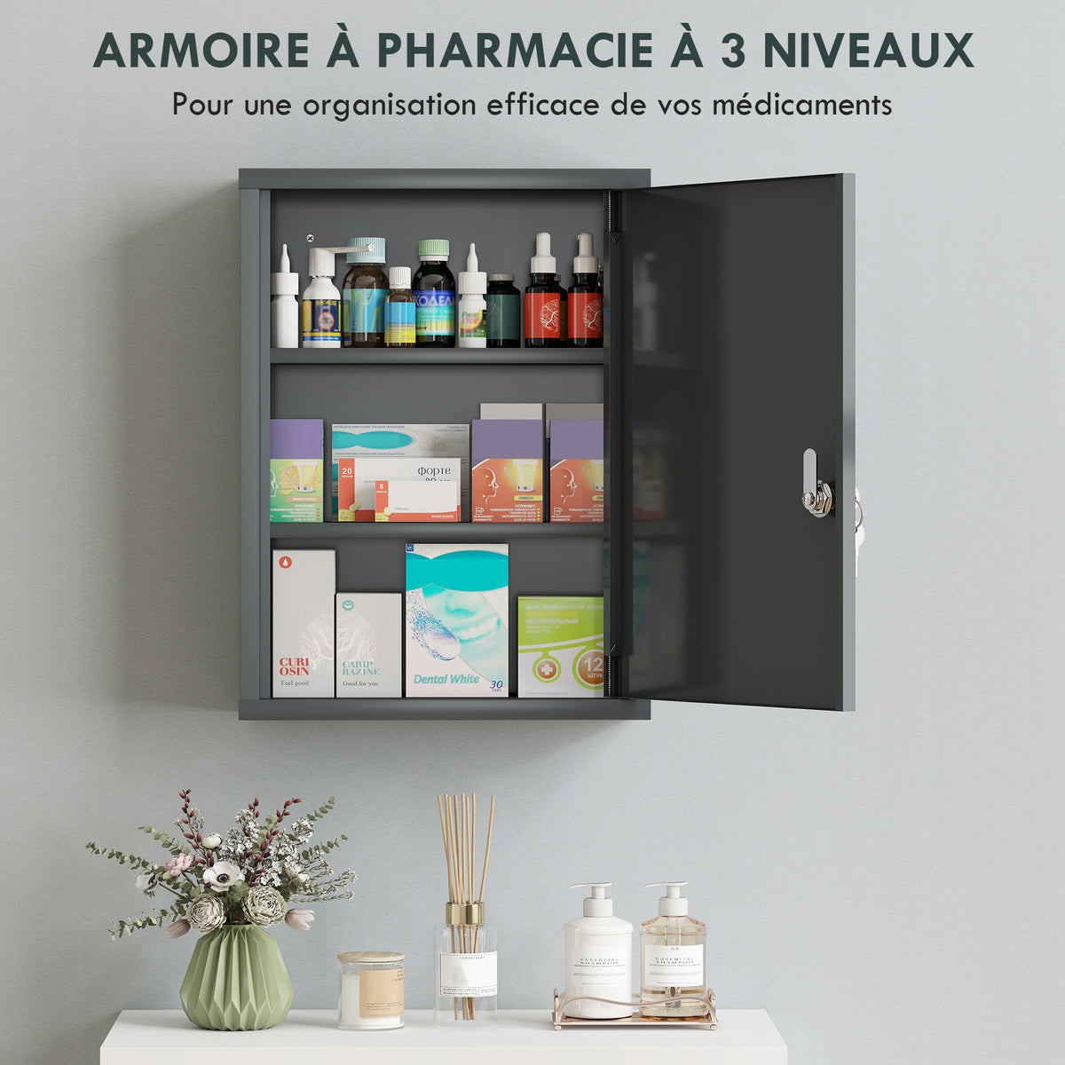 Armario botiquín de pared de acero, armario para medicamentos de 3 niveles con puerta con cerradura y 2 llaves, 40x15x53,5 cm, gris