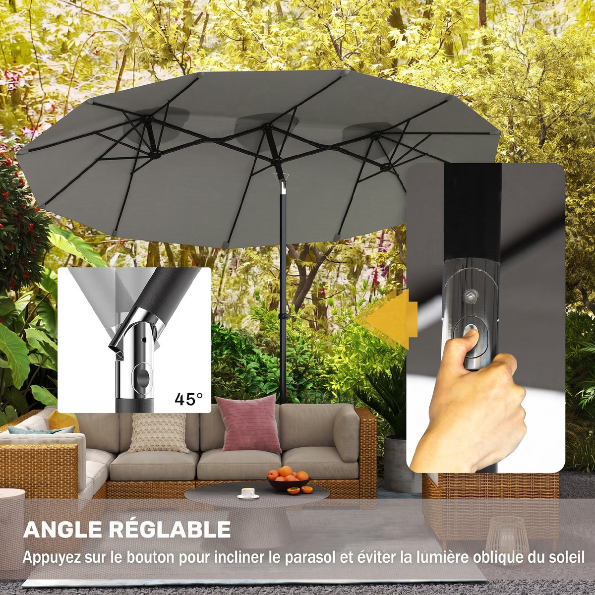 Neigbarer Garten- und Terrassen-Sonnenschirm 3 x 1,5 m, rechteckiger Doppelsonnenschirm mit Kurbel, Polyester 180 g/m², Grau