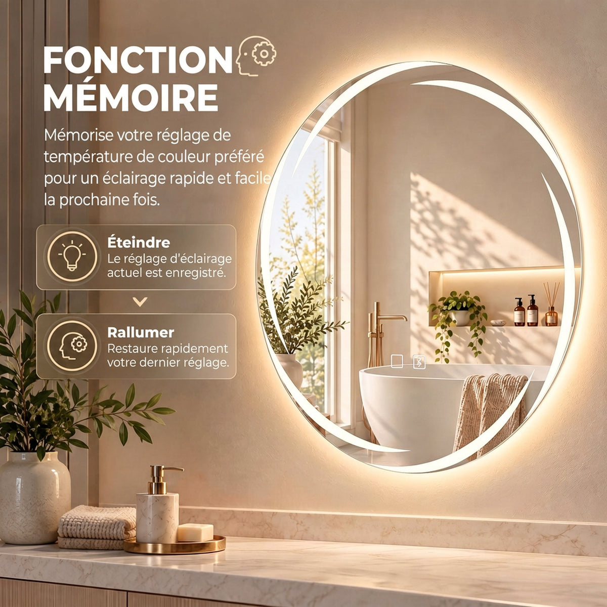 Espejo de baño redondo Ø 60 cm con LED delanteros y traseros, antivaho, altavoz Bluetooth, intensidad regulable