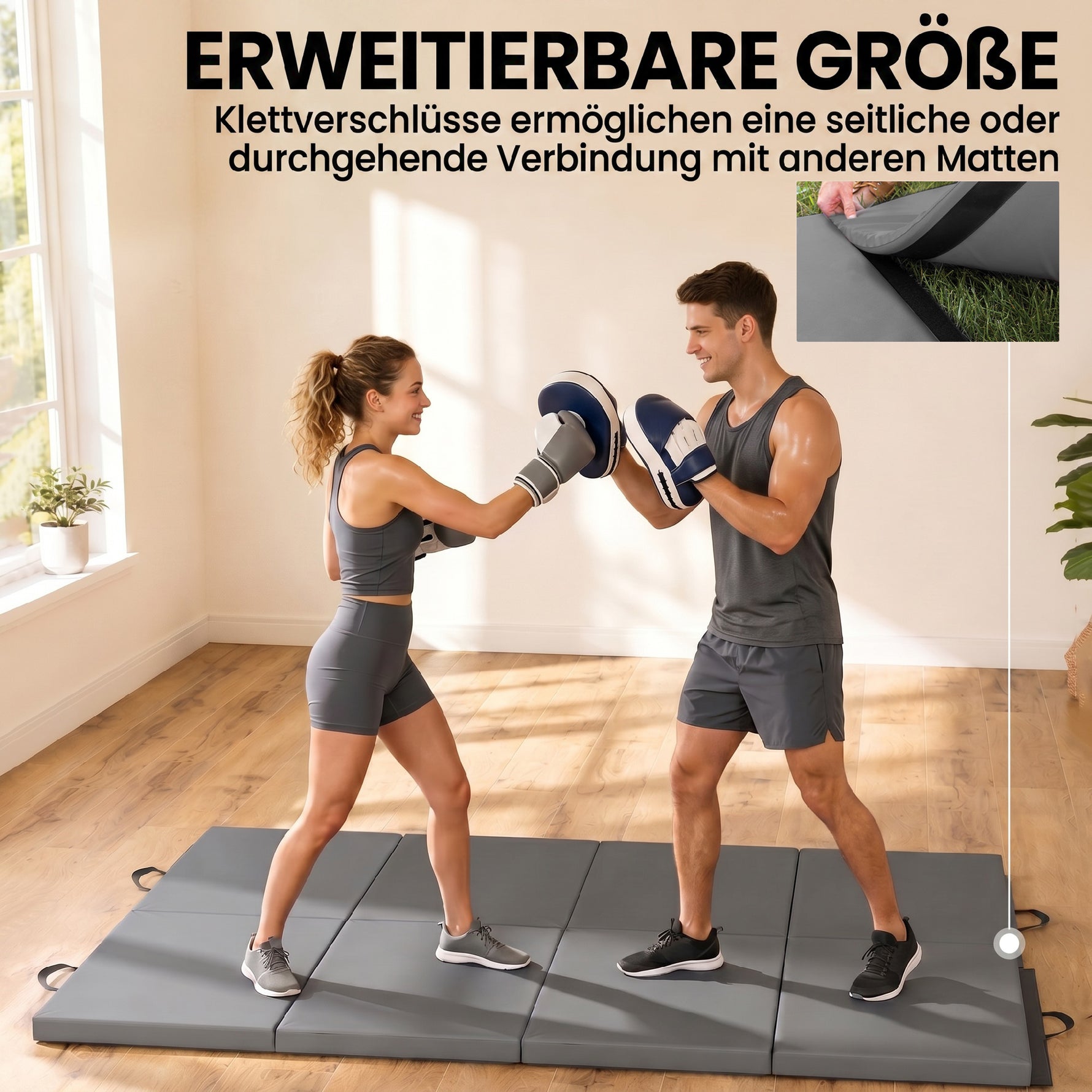 Tapis de gymnastique yoga pilates fitness pliable en 4 avec poignées revêtement synthétique 180 x 80 x 5 cm gris
