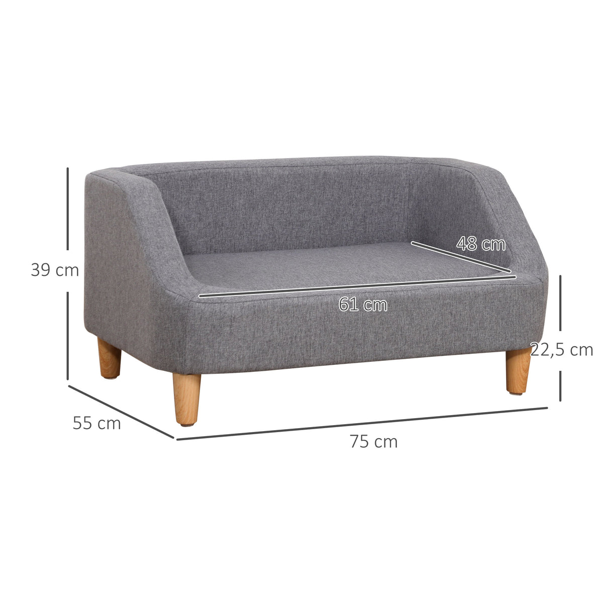 Canapé pour chien lit pour chien animal domestique style scandinave pieds en bois revêtement tissu déhoussable 75 x 55 x 39 cm - gris