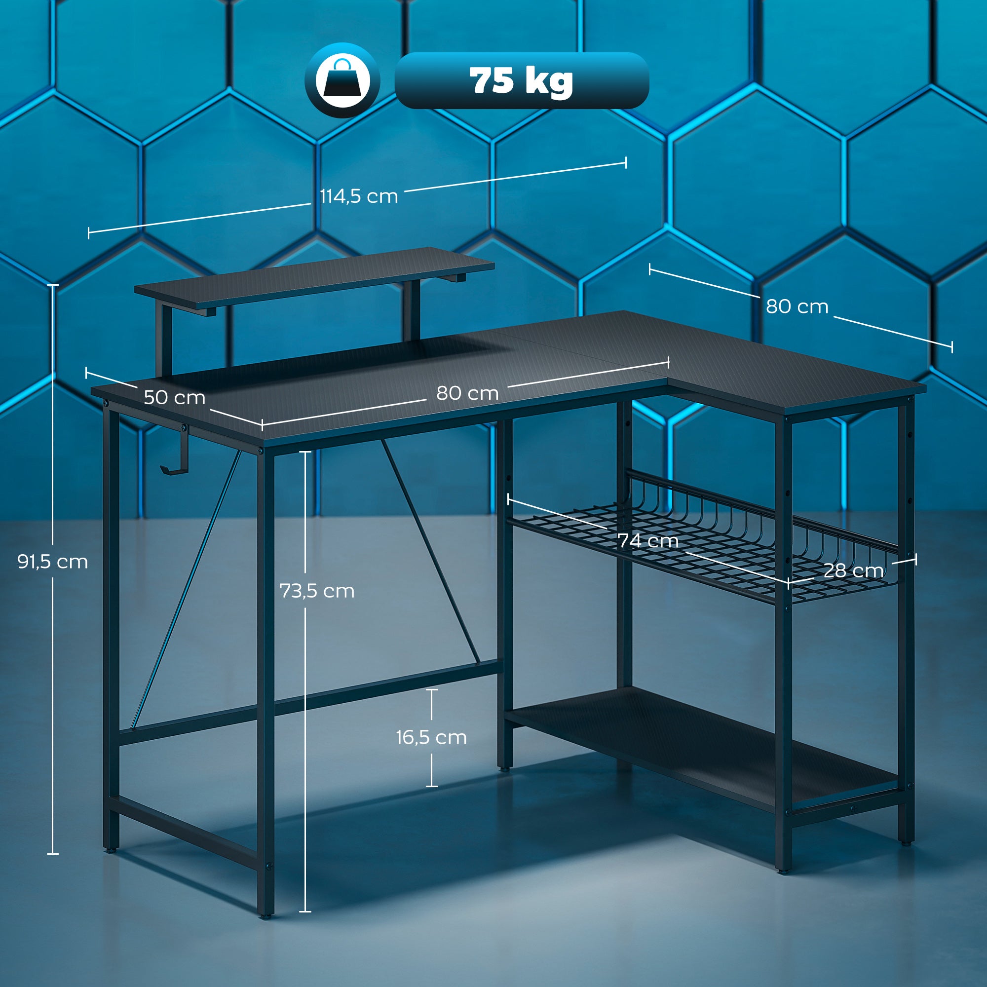 Bureau gaming réversible, bureau gaming d'angle, support pour écran, étagère en maille réglable, 114,5x82x91,5cm, noir