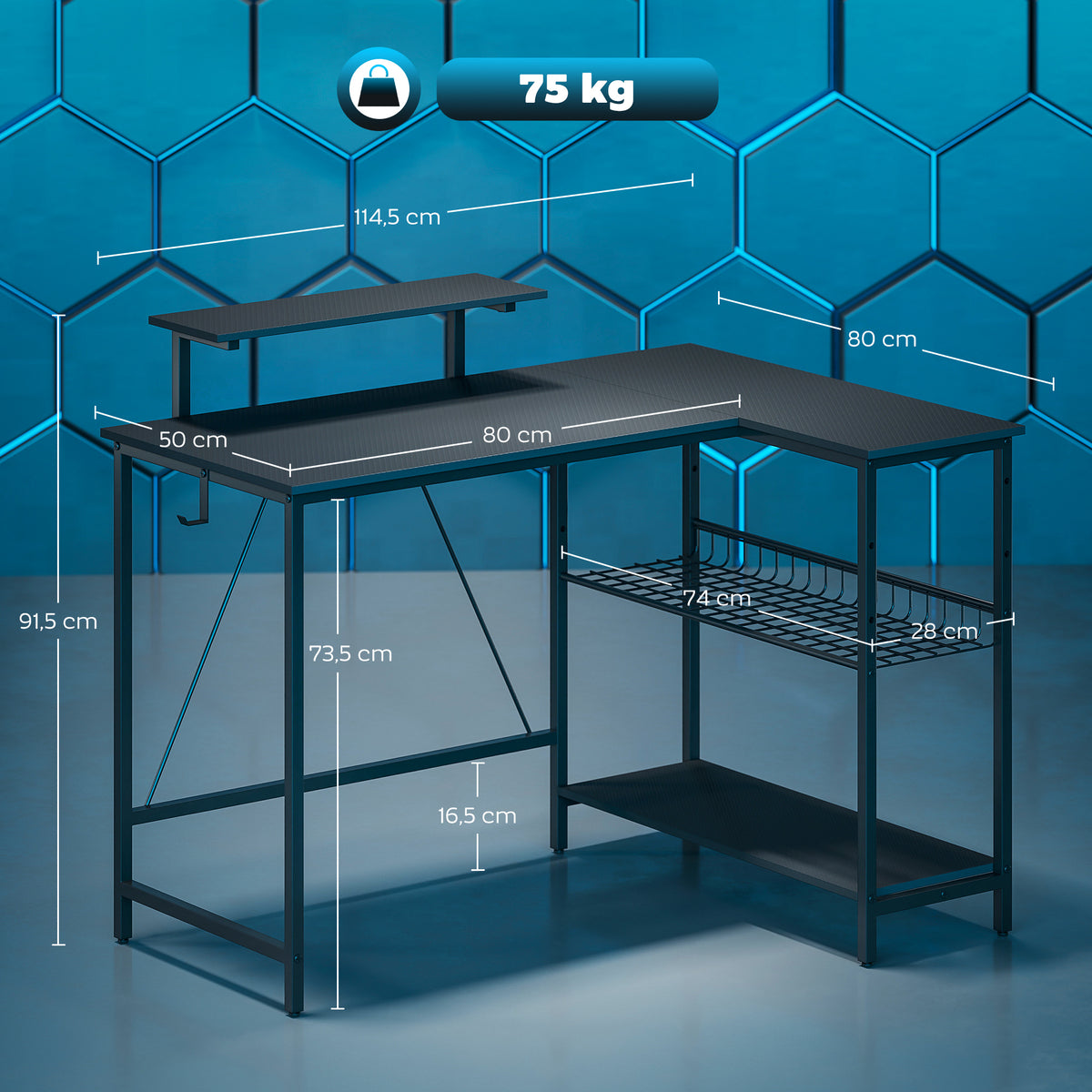 Bureau gaming réversible, bureau gaming d'angle, support pour écran, étagère en maille réglable, 114,5x82x91,5cm, noir