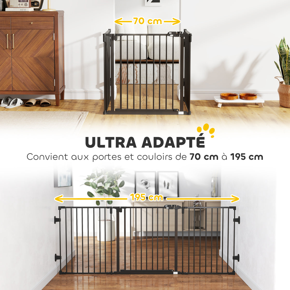 Barriere de securite chien pliable avec porte en acier 3 panneaux modulable fermeture automatique 202,5 x 2 x 76 cm noir