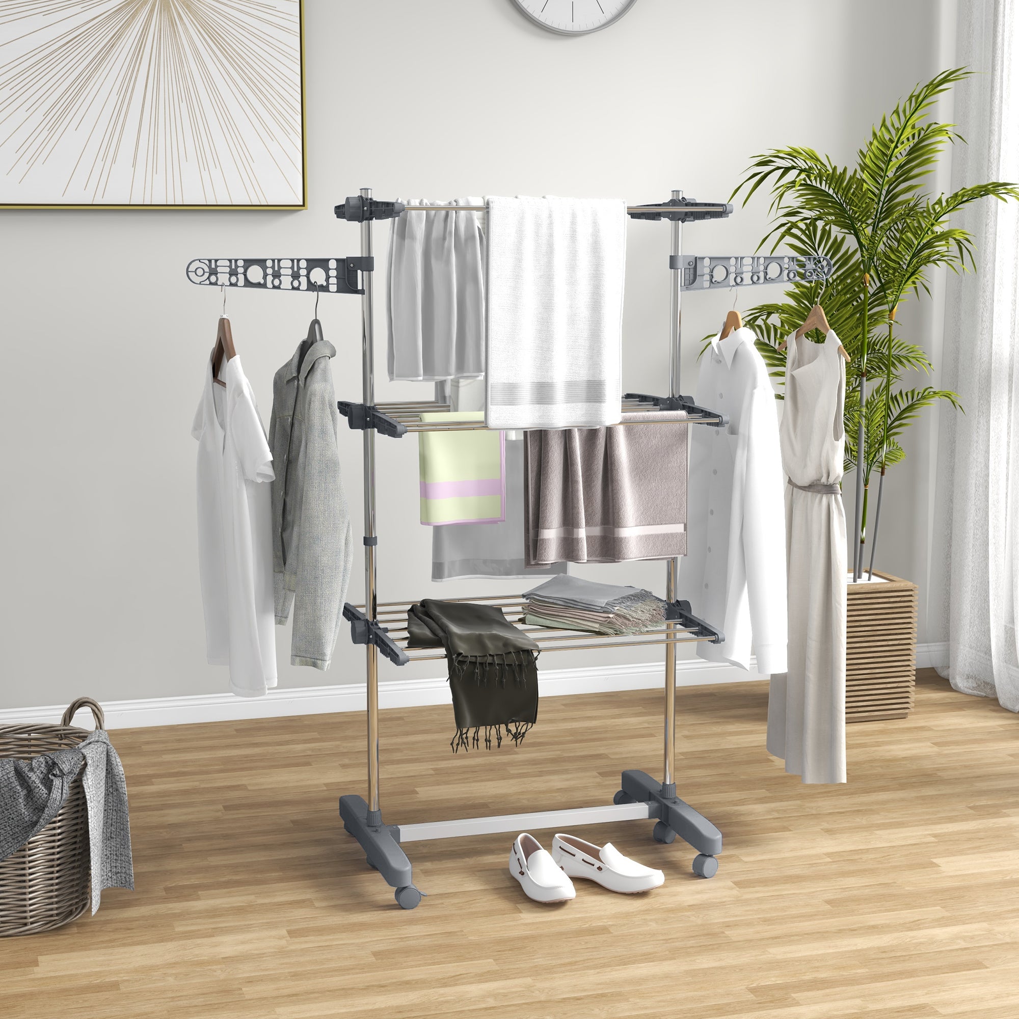 Folding clothes drying rack, side wings, indoor and outdoor use, 3 levels, 142 x 55 x 152 cm, grey