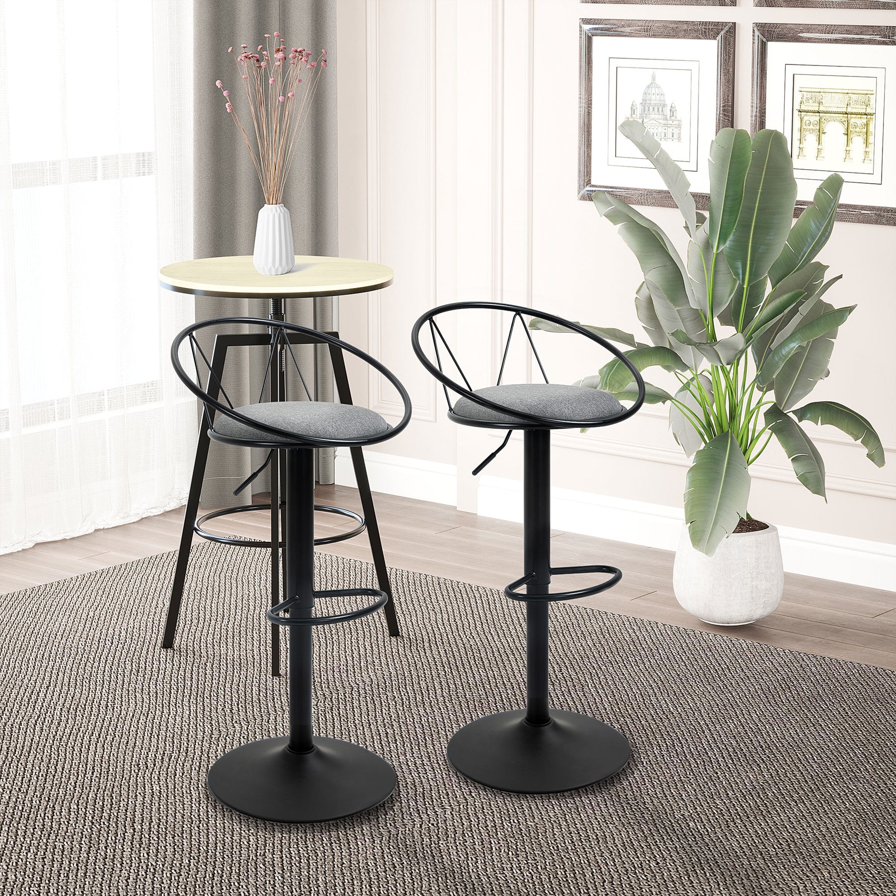 Lot de 2 tabourets de Bar Design néo-rétro réglable pivotant avec Repose-Pied métal Noir Lin Gris