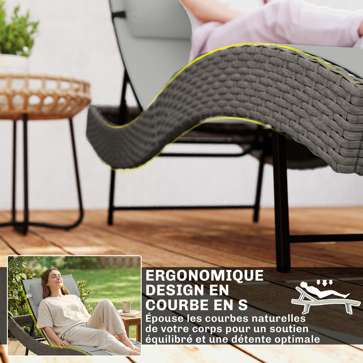 Chaise longue en résine tressé, bain de soleil avec dossier réglable 5 positions et appui-tête, 198 x 61 x 44 cm, gris