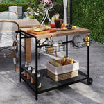 Desserte de jardin chariot pour plancha barbecue en bois et métal avec poignée 2 plateaux 2 paniers et porte-bouteilles