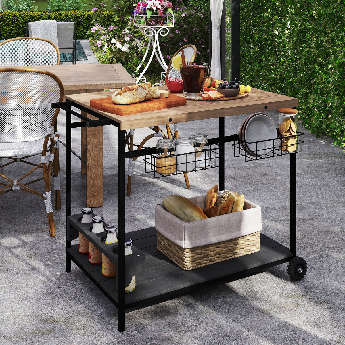 Desserte de jardin chariot pour plancha barbecue en bois et métal avec poignée 2 plateaux 2 paniers et porte-bouteilles