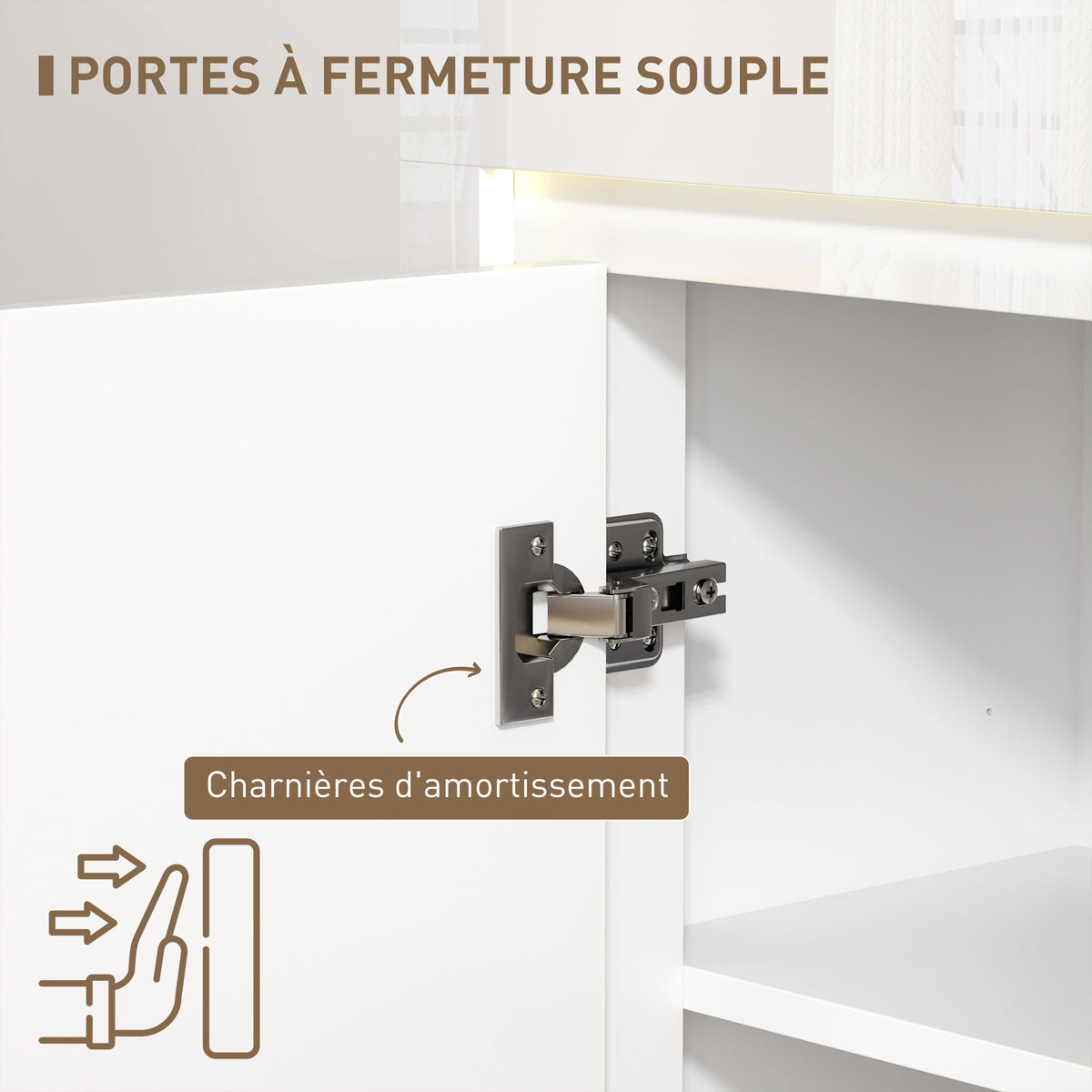 Buffet salon, meuble de rangement avec éclairage LED 4 tiroirs portes à fermeture douce 120 x 34 x 80 cm, blanc brillant