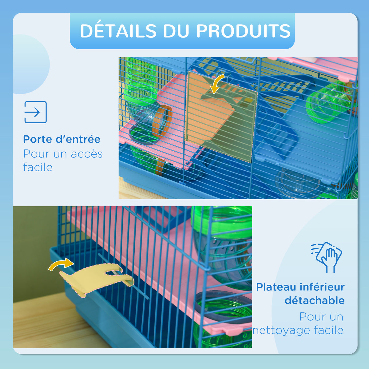 Cage pour Hamster Souris Petit Animaux Rongeur avec Tunnel Mangeoire Roue Jouet 47 x 30 x 59 cm Bleu