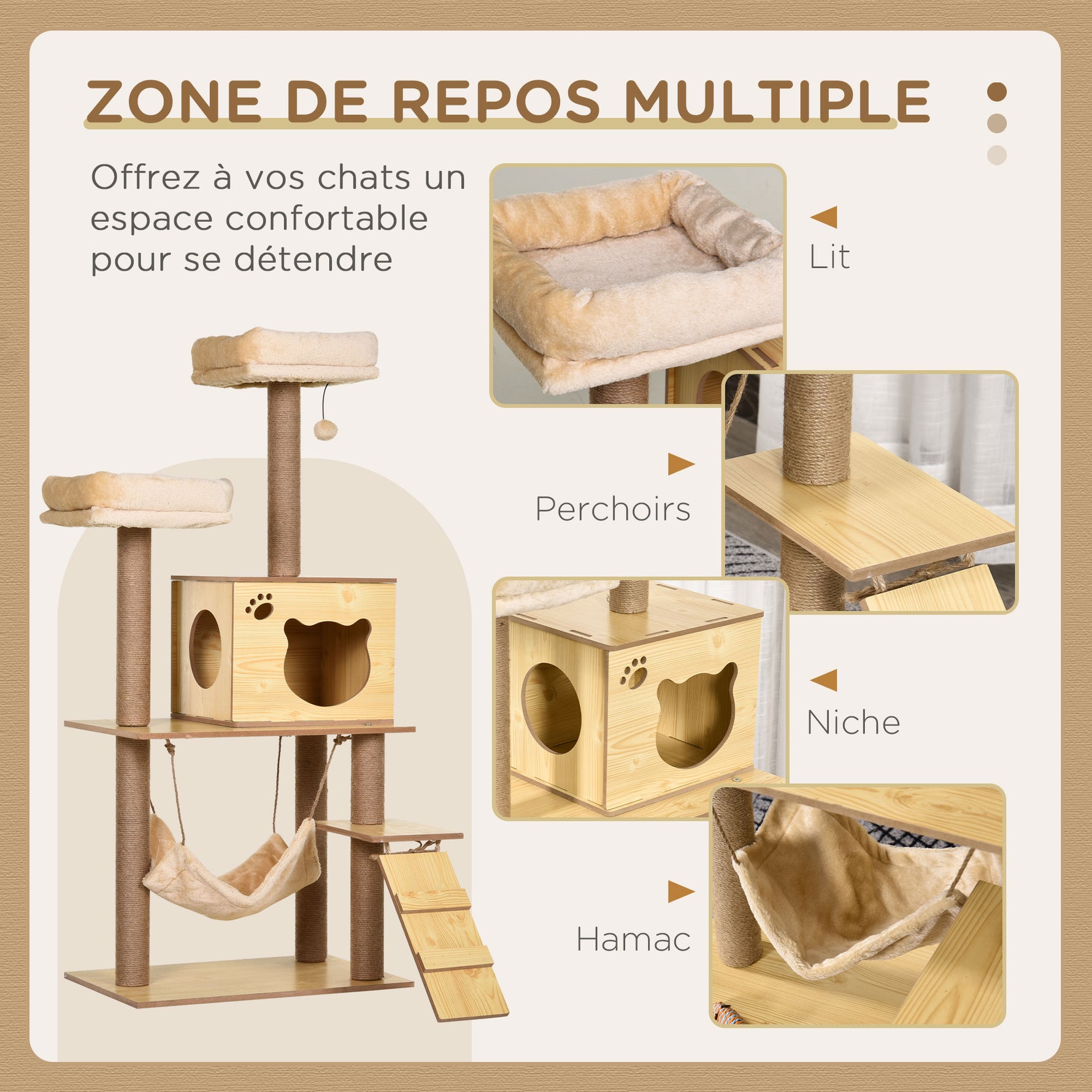 Arbre à chats design contemporain griffoirs grattoirs sisal naturel niche plate-formes hamac boule beige