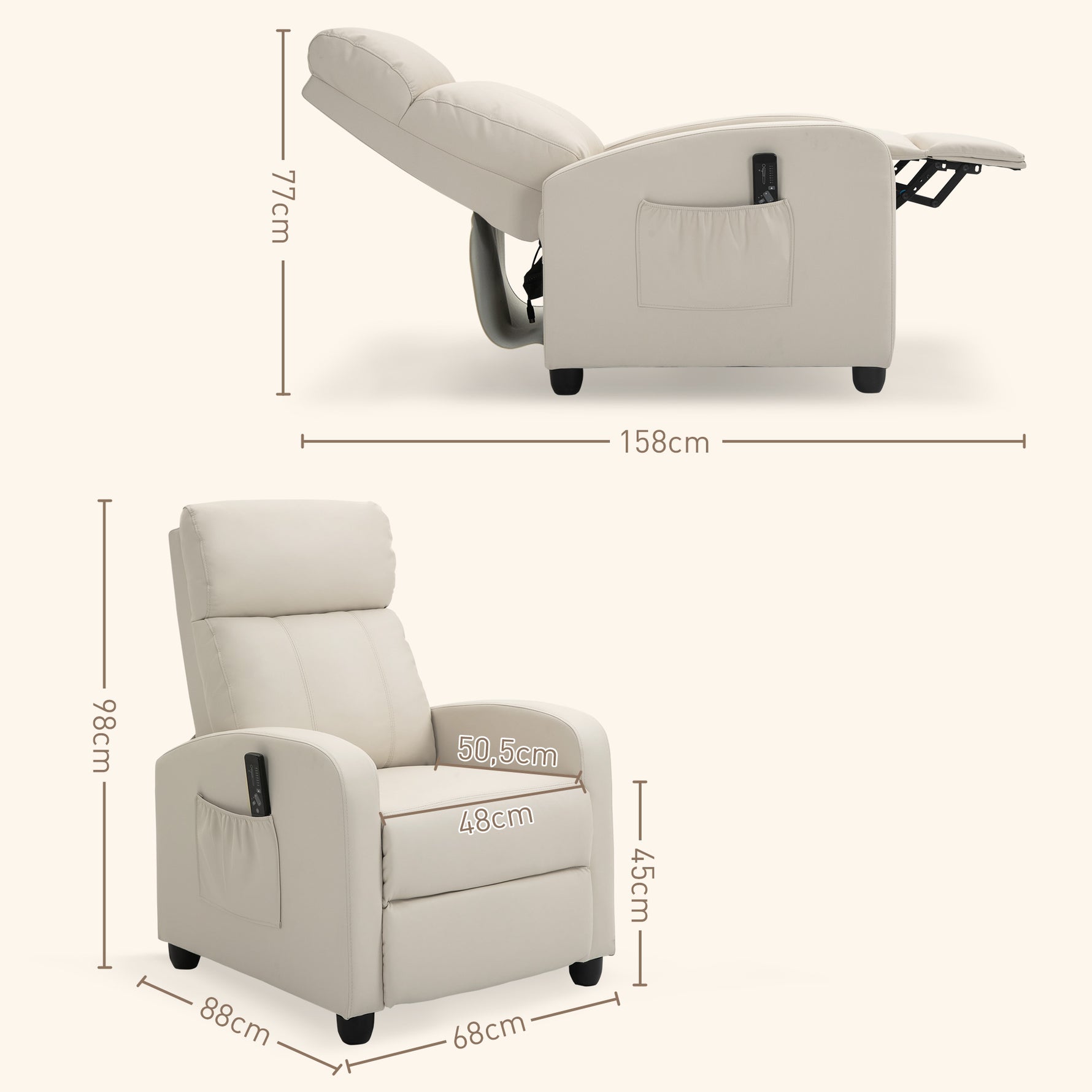 Fauteuil de Relaxation et Massage avec Inclinaison Manuelle Dossier Repose-Pied réglable revêtement synthétique Crème