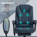 Fauteuil de bureau massant, chaise de bureau avec hauteur réglable, dossier inclinable et télécommande filaire, bleu