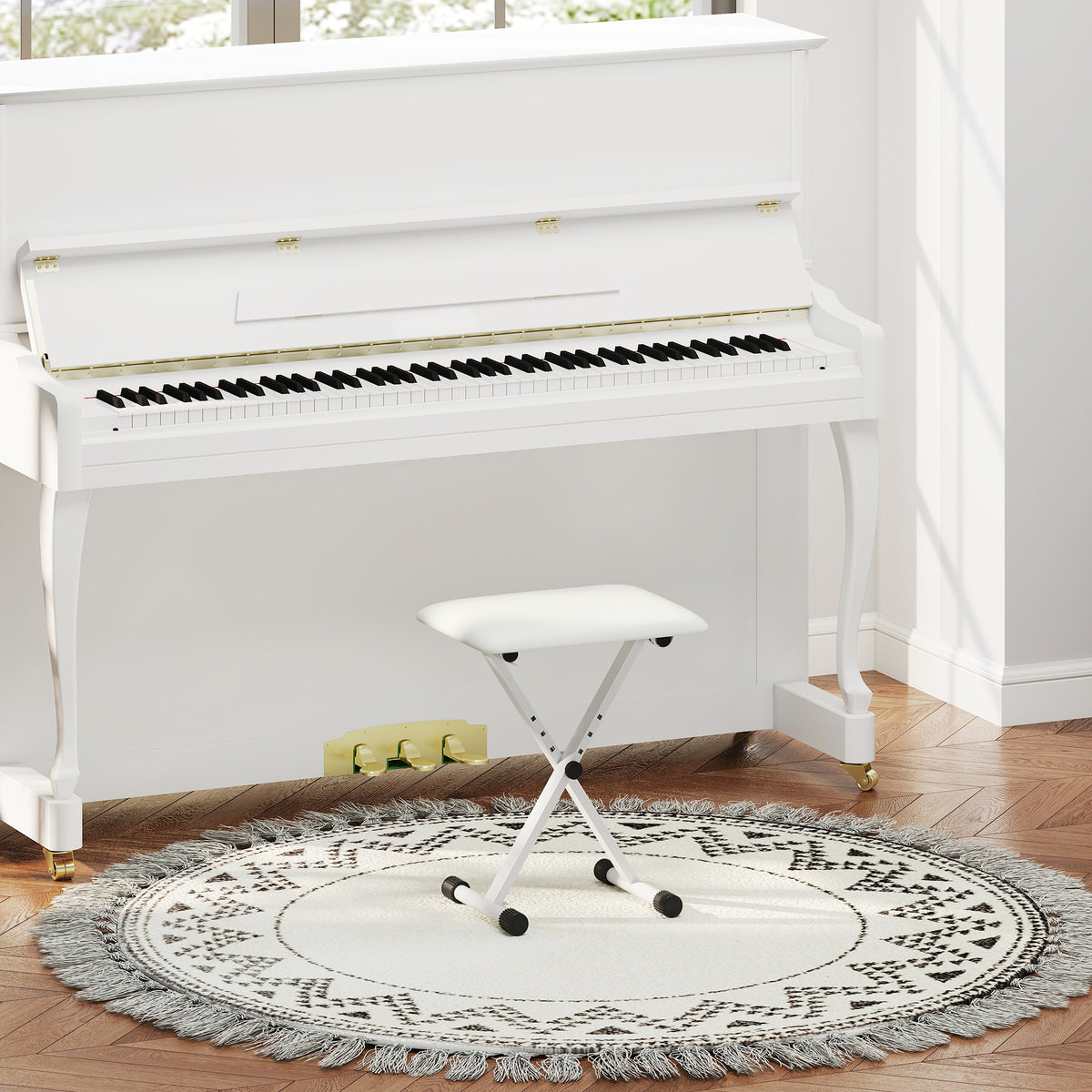 Tabouret piano pliable, banc piano réglable en hauteur, siège rembourré en PU, 39 x 29 x 37-47 cm, blanc