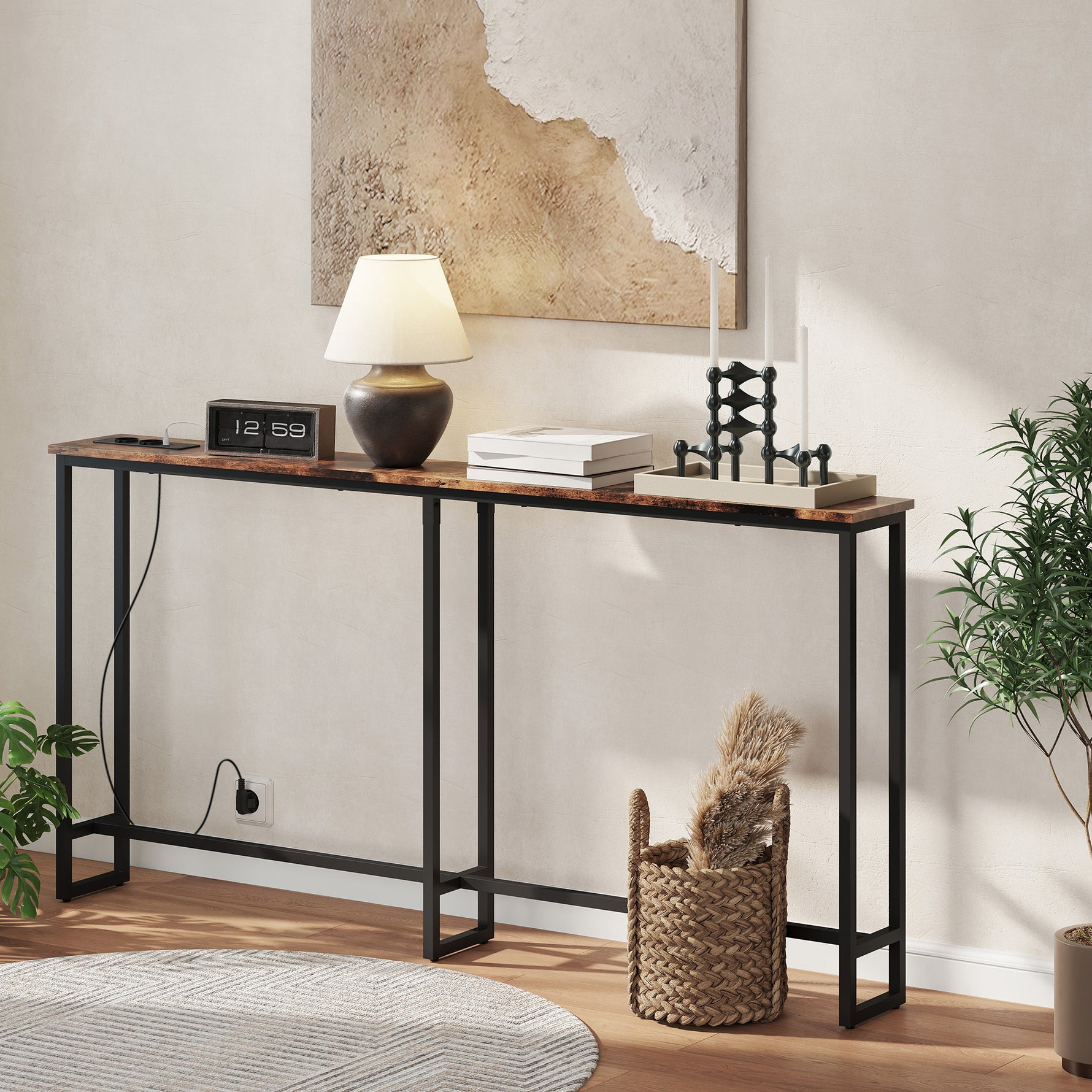 Table console étroite style industriel avec prises de courant et USB, pour salon entrée couloir, 160x20x80cm, marron