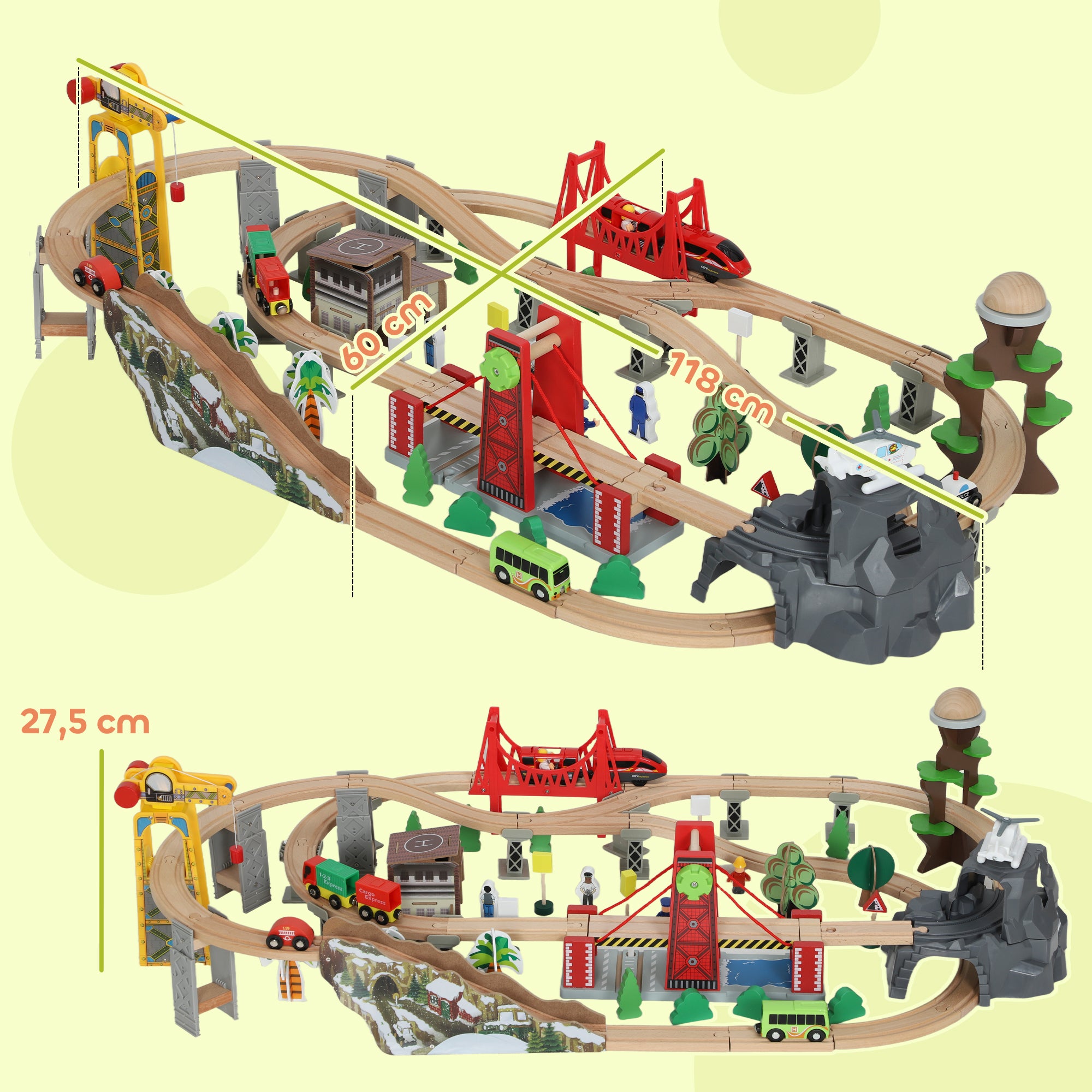 Set de Train en Bois pour Enfants, 100 Pièces, Jouets Ferroviaire Magnétique avec Grue, Pont, Hélicoptère, Multicolore