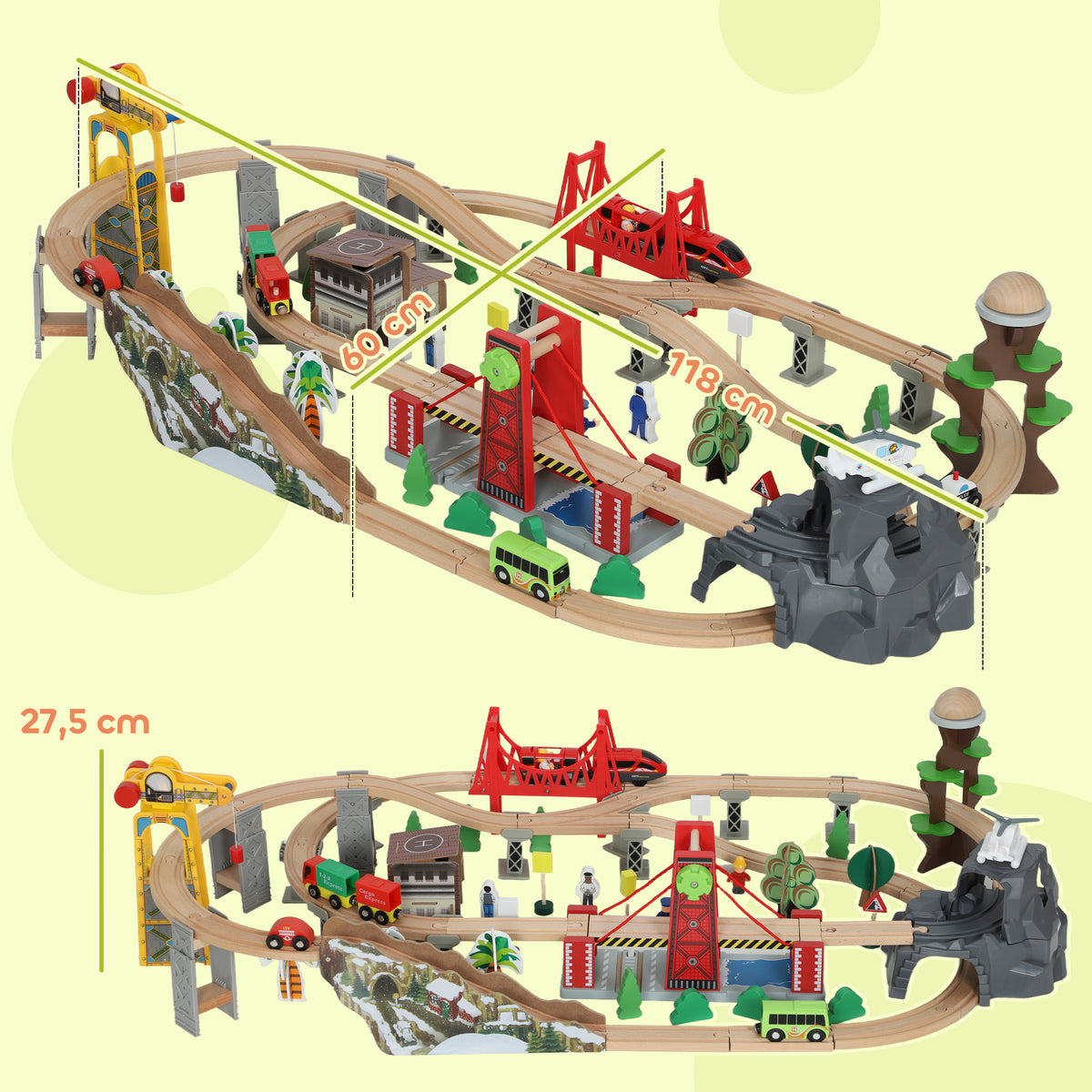 Set de Train en Bois pour Enfants, 100 Pièces, Jouets Ferroviaire Magnétique avec Grue, Pont, Hélicoptère, Multicolore