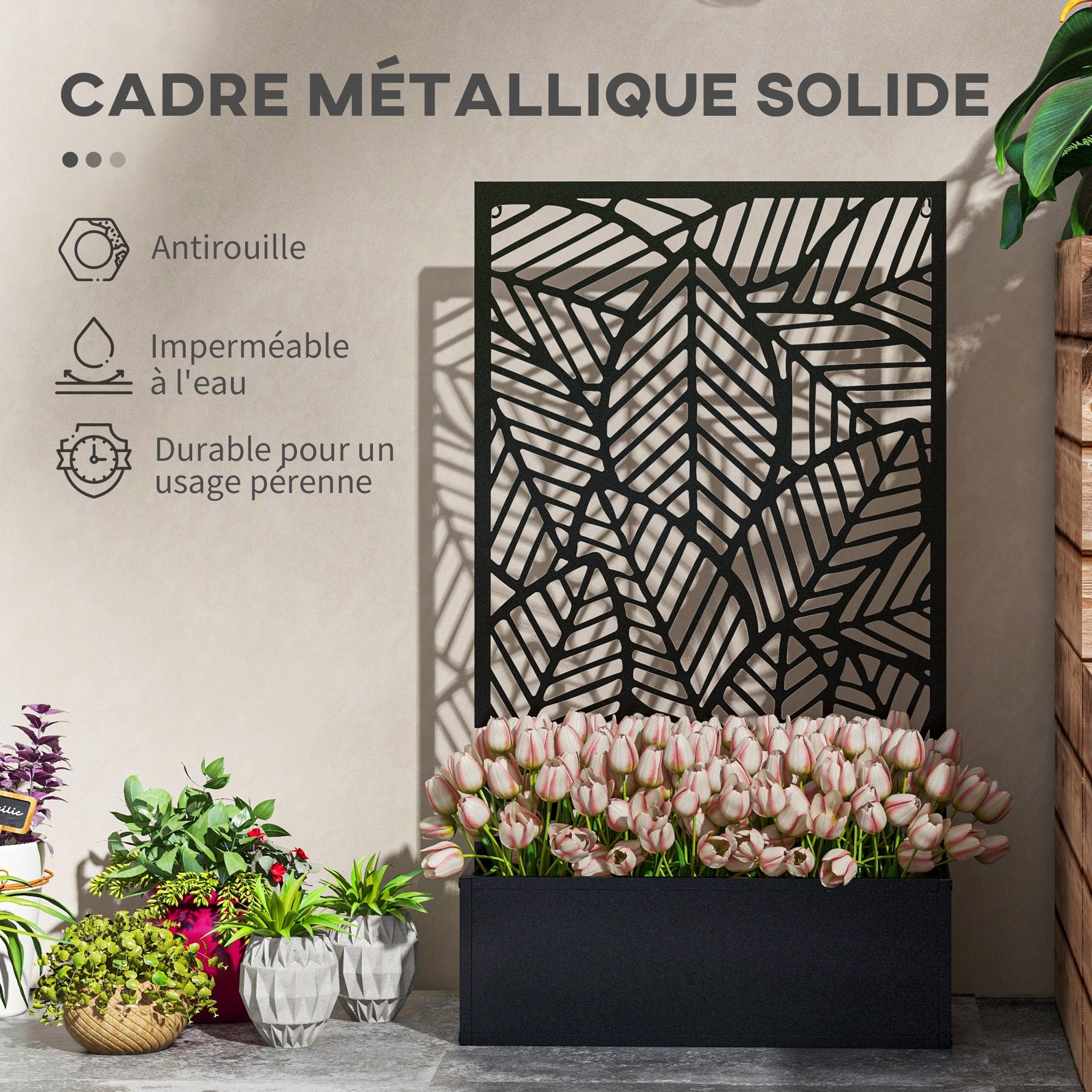Jardinière avec brise-vue paravent treillis pour Plante Grimpante, bac à Fleurs - dim.  61L x 23l x 113H cm