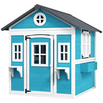 Cabane enfant extérieur maison enfant extérieure avec porte fenêtres et jardinières 114 x 126,4 x 135 cm bleu