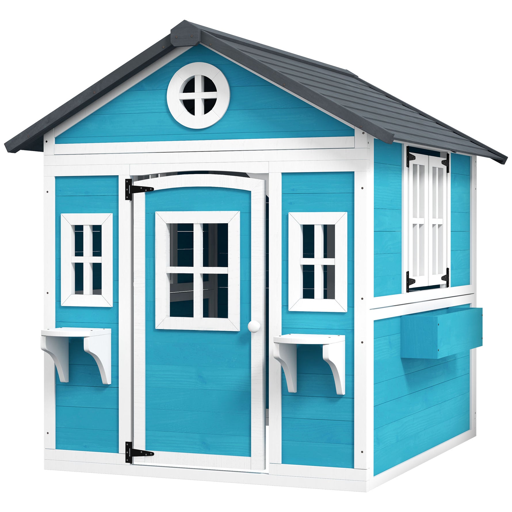 Cabane enfant extérieur maison enfant extérieure avec porte fenêtres et jardinières 114 x 126,4 x 135 cm bleu