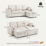 Canapé d'Angle Convertible en Chenille, Canapé-Lit 3 Places Modulaire 225 cm avec Pouf de Rangement, Beige-2