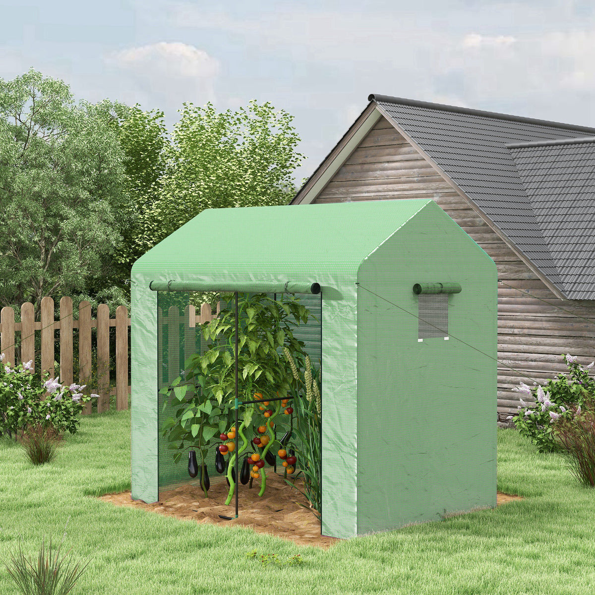 Serre de jardin 2,8m² avec 1 grande porte enroulable et 2 fenêtres, dim. 200L x 140l x 200H cm, vert