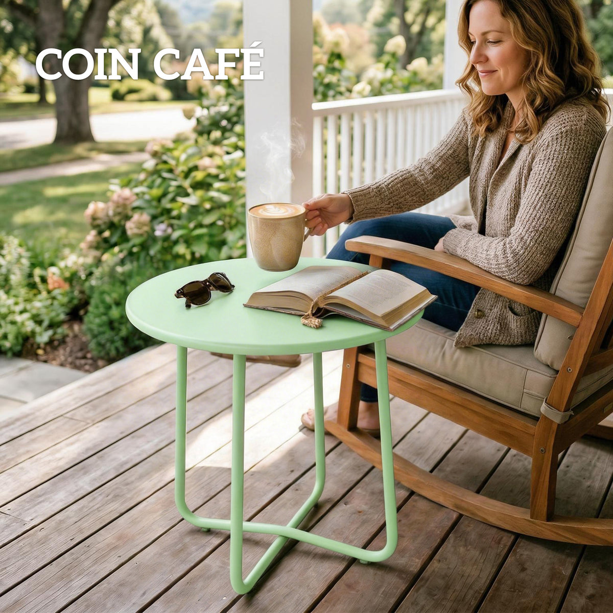 Table Basse Extérieure avec Bord Enroulé, Base en X avec Pieds Réglables en Hauteur, pour Salon Terrasse, Ø48x51cm, Vert