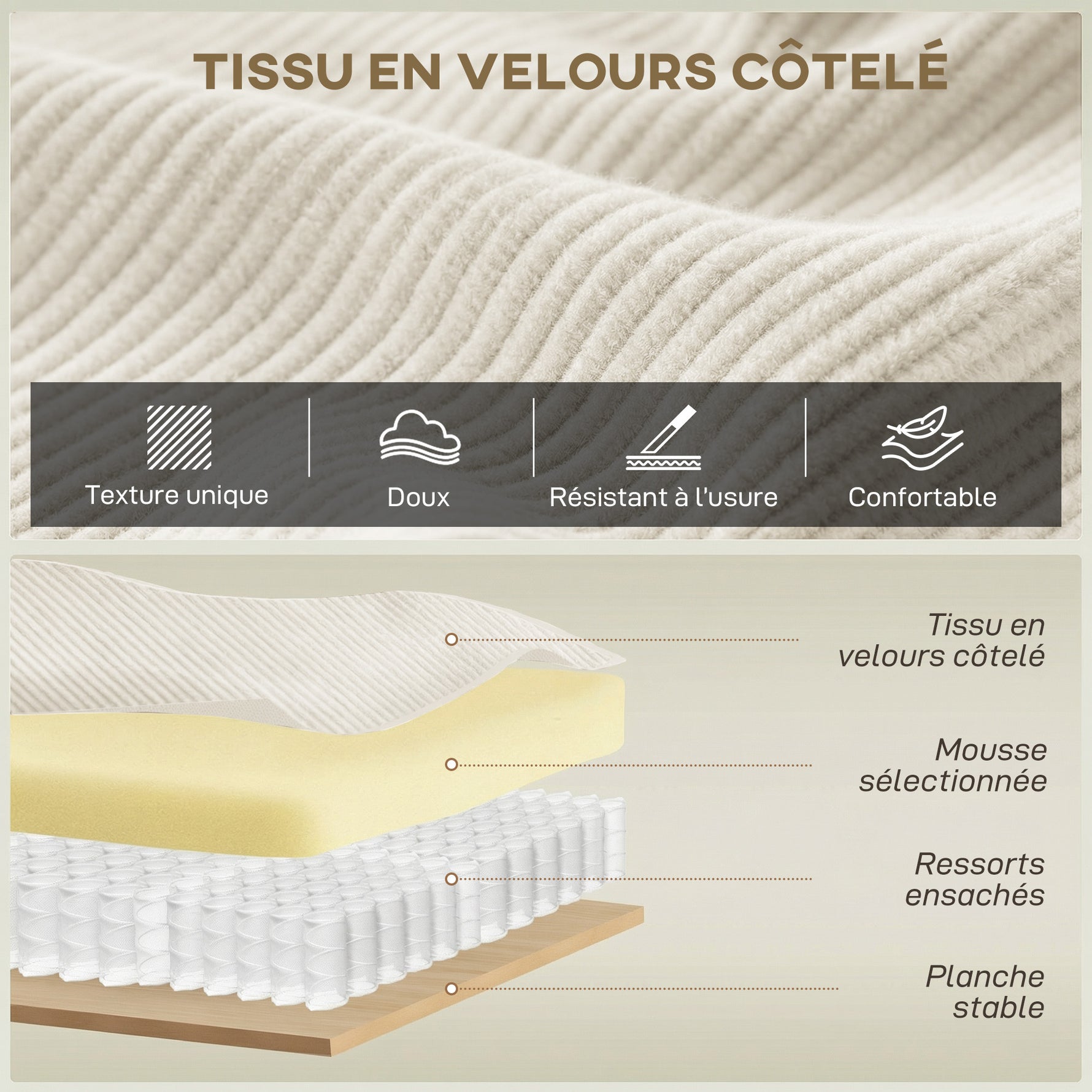 Canapé 3 places en velours côtelé 218 cm, canapé salon,  coussins à ressorts, larges accoudoirs, 2 coussins, beige