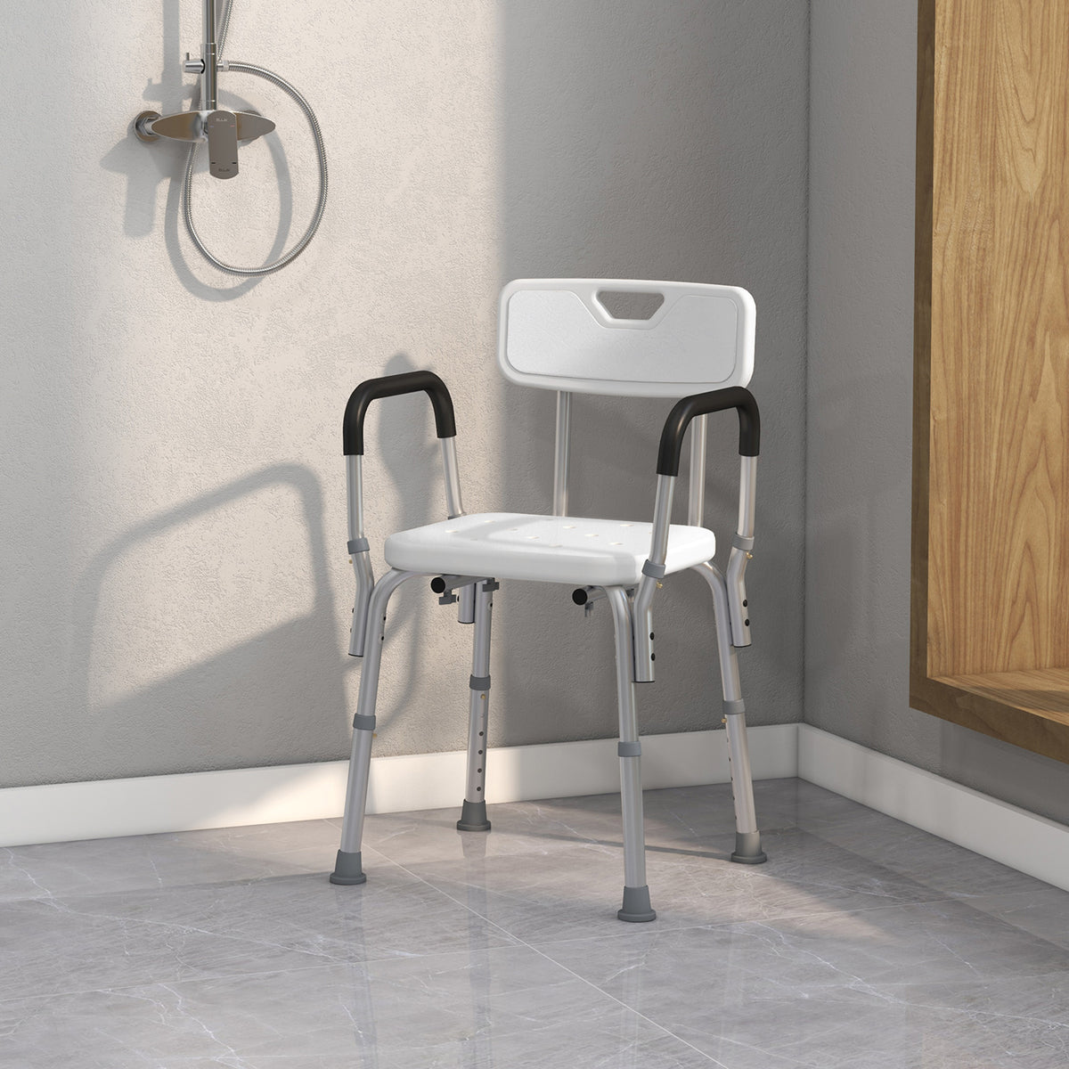 Chaise de Douche siège de Douche Ergonomique Hauteur réglable Pieds antidérapants Dossier accoudoirs Amovibles Charge Max. 136 Kg alu HDPE Blanc