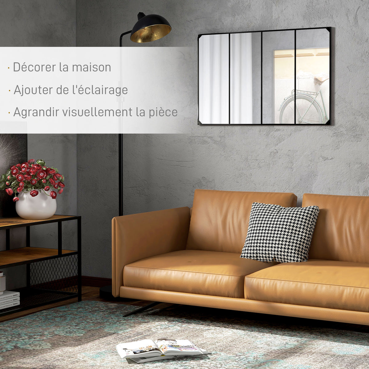 Miroir mural verrière rectangulaire style industriel, horizontal ou vertical avec 4 crochets, en métal noir 109 x 69 cm