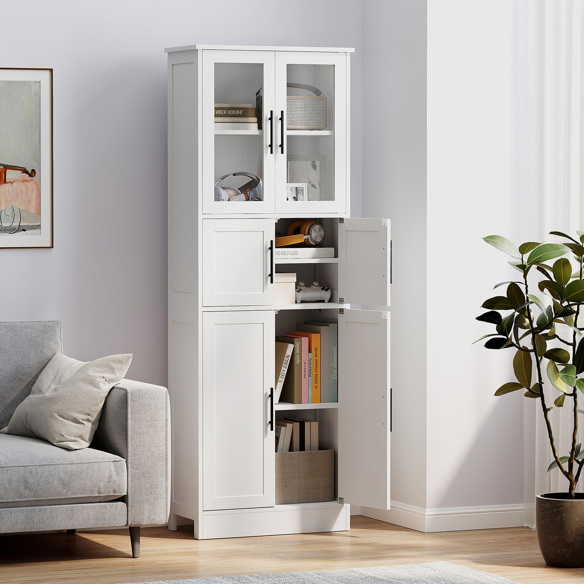 Meuble de salle de bain, meuble de rangement 6 niveaux, 6 portes dont 2 vitrées, étagères réglables, 60x30x170cm, blanc