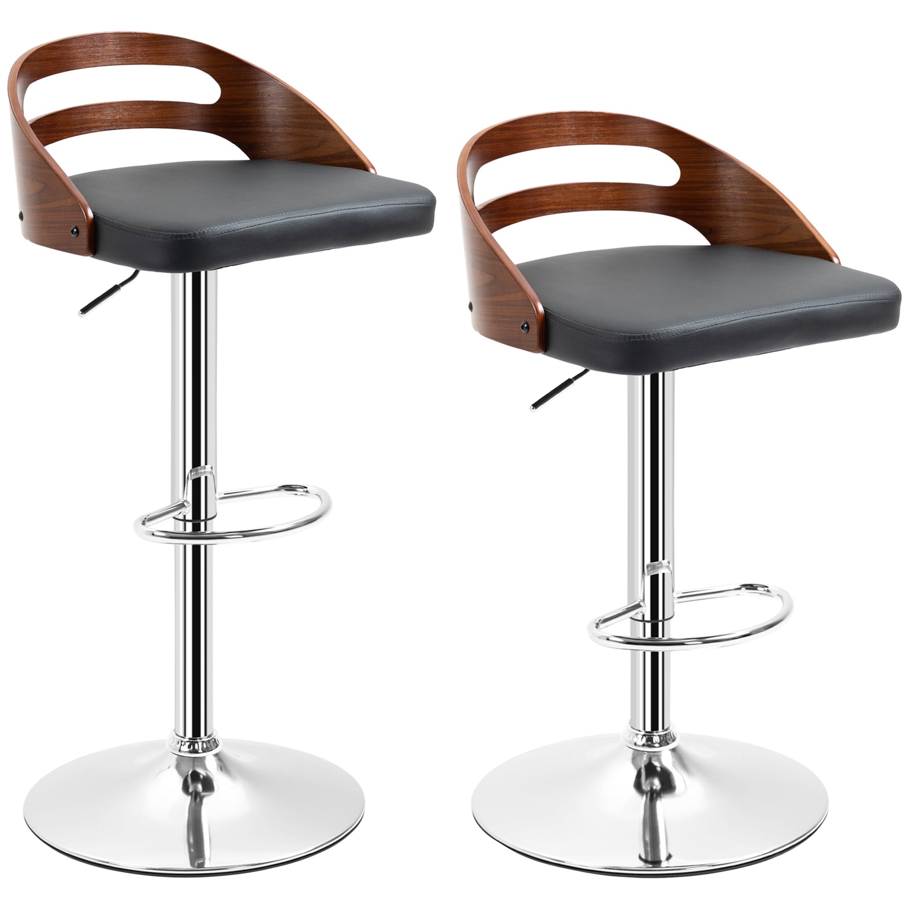 Lot de 2 tabourets de Bar Hauteur d'assise réglable pivotant 360° revêtement synthétique Noir Dossier ajouré