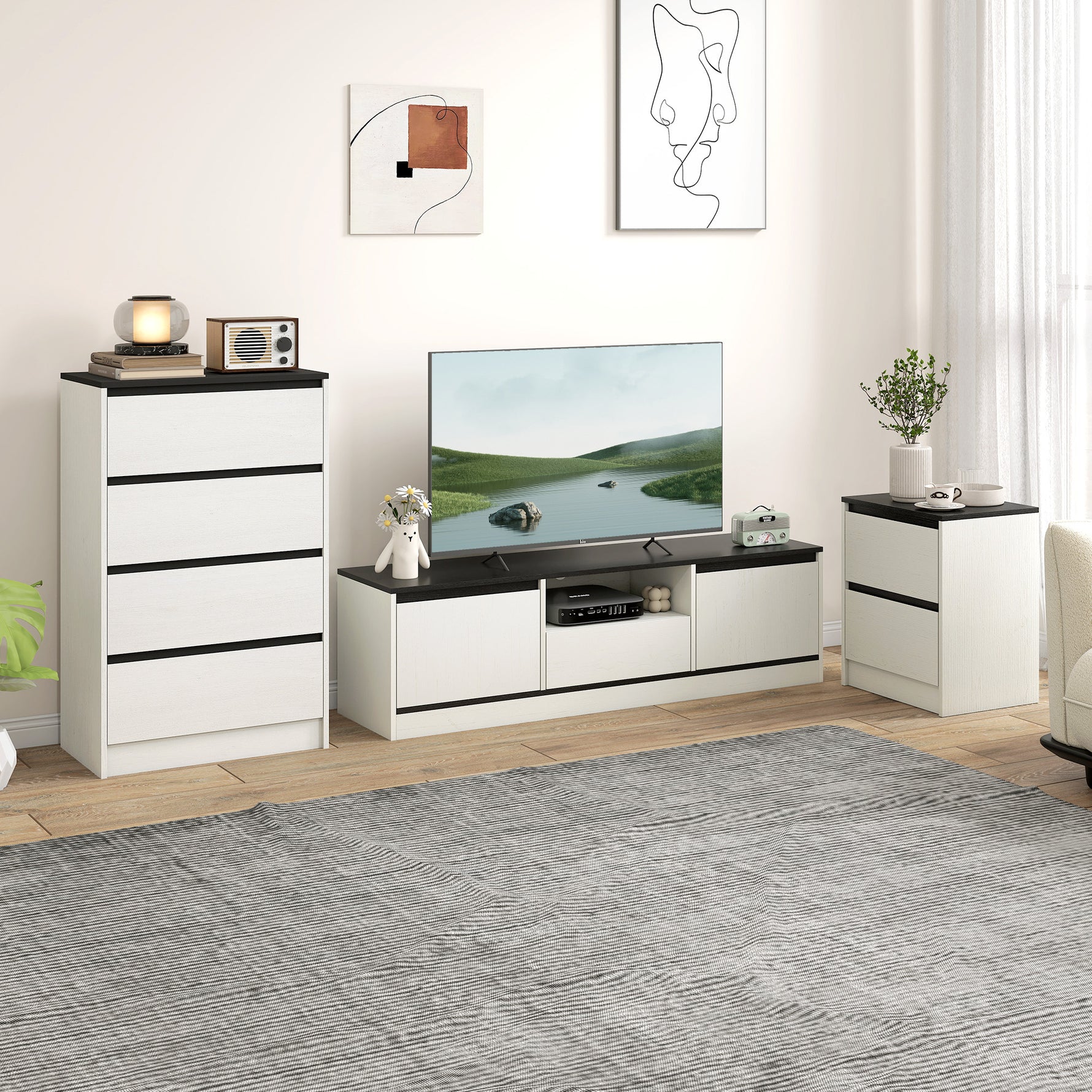 Meuble TV pour Télévision jusqu'à 60" avec 2 Armoires, 1 Étagère Ouverte, 1 Tiroir, Moderne, 140x35x40cm, Noir et Blanc