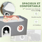 Niche Chat Interieur Pliable avec Griffoir, Lit Surélevé, Entrées, Jouet Suspendu, Coussin Réversible, 60x40x34cm, Gris