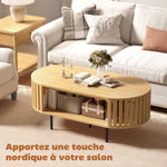 Table basse ovale, table de salon avec rangement, coins arrondis, design lattes, 100 x 50 x 40 cm, effet bois naturel