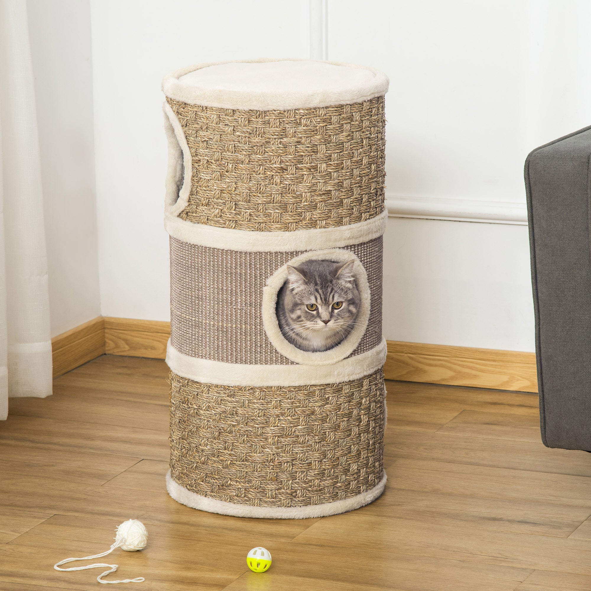 Tonneau à Gratter pour Chat, Arbre à Chat Sisal Naturel et Herbiers Marins Recouvert de Peluche, 37,5 x 37,5 x 70 cm, Kaki et Café