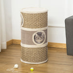 Tonneau à Gratter pour Chat, Arbre à Chat Sisal Naturel et Herbiers Marins Recouvert de Peluche, 37,5 x 37,5 x 70 cm, Kaki et Café