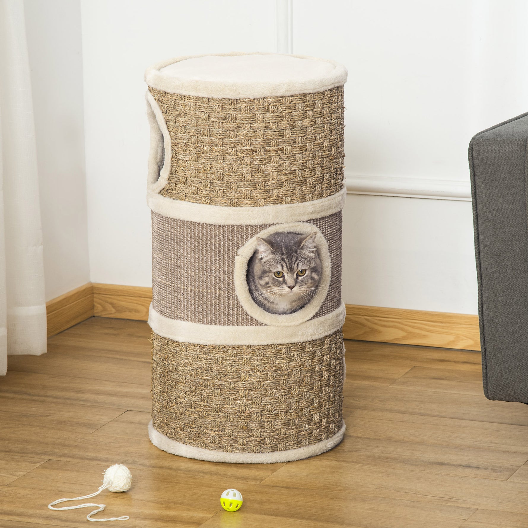 Tonneau à Gratter pour Chat, Arbre à Chat Sisal Naturel et Herbiers Marins Recouvert de Peluche, 37,5 x 37,5 x 70 cm, Kaki et Café