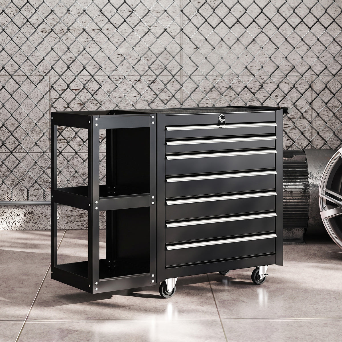 Servante d'Atelier en Acier à 7 Tiroirs, Chariot à Outils sur Roulettes avec Étagère Latérale Amovible, Noir