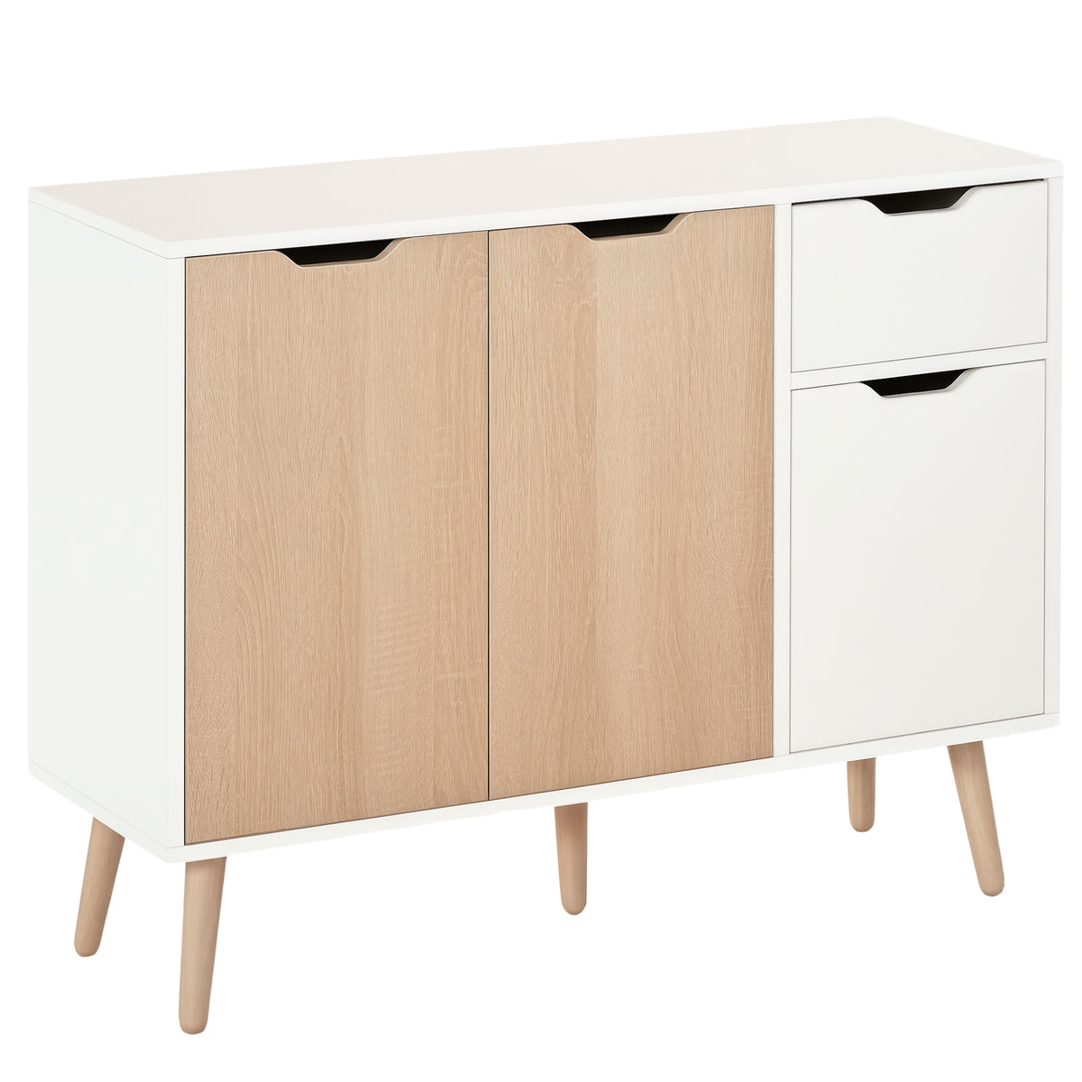 Dressoir Scandinavisch design 2 kasten schuiflade massief grenenhouten poten spaanplaat wit licht eiken