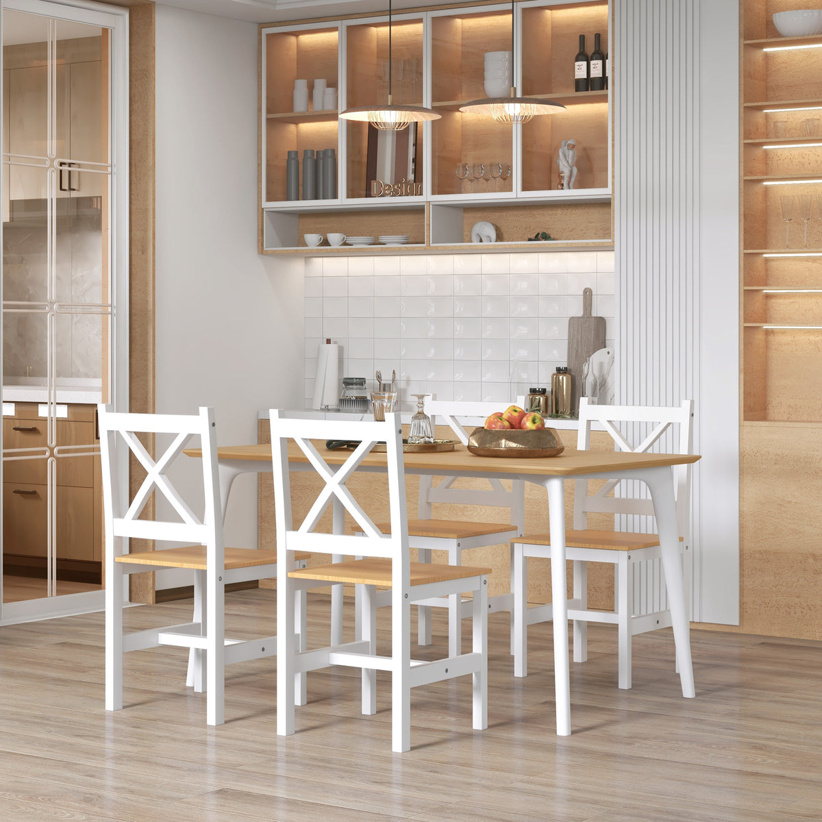 Lot de 4 chaises de salle à manger en bois massif chaise de cuisine esprit campagne dossier croisé blanc et chêne