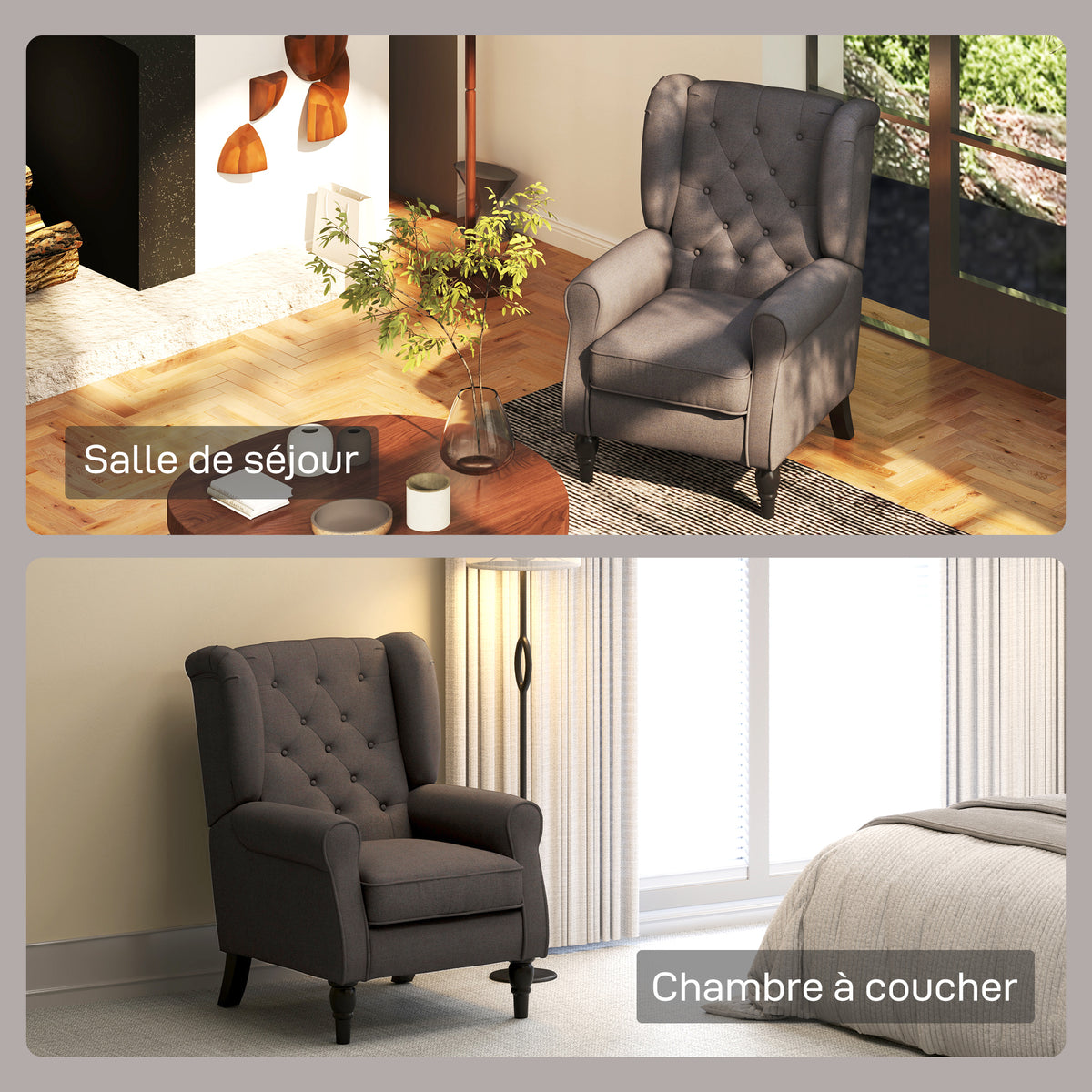 Fauteuil de salon capitonné avec assise large, pieds en bois, style classique, grand confort, 74 x 86 x 102 cm, marron